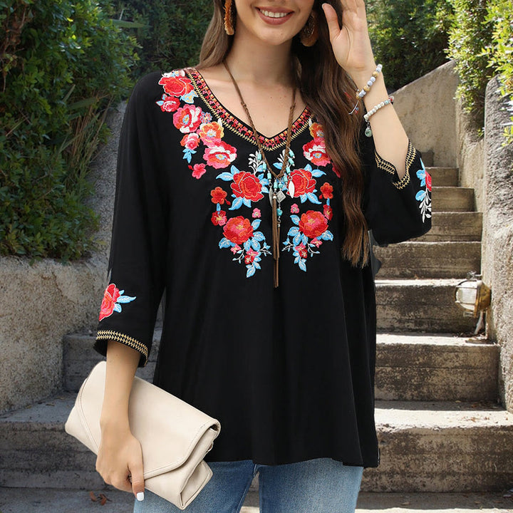 T-shirt décontracté en coton à manches trois-quarts et col ras du cou pour femme, motif rose brodé, motif Buddha Stones , noir
