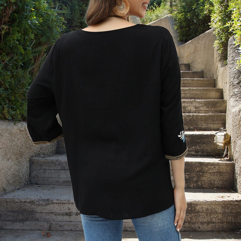 T-shirt décontracté en coton à manches trois-quarts et col ras du cou pour femme, motif rose brodé, motif Buddha Stones , noir - image 3