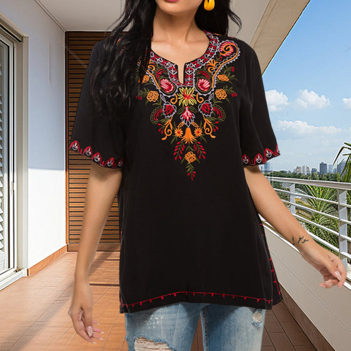 T-shirt décontracté à manches mi-longues et col cranté pour femme, motif Buddha Stones , broderie florale, noir