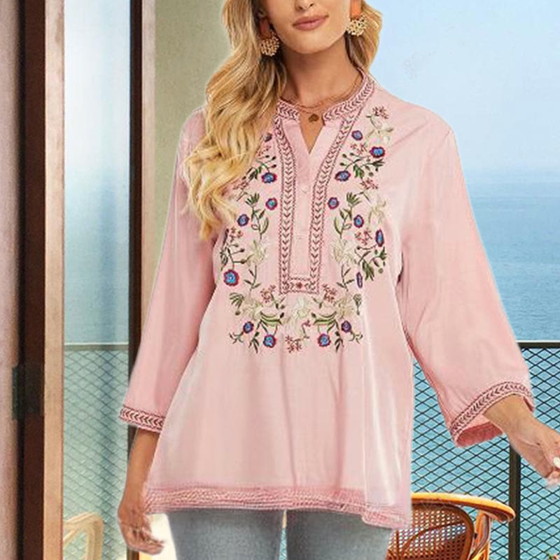 T-shirt femme en coton à manches longues et col en V avec broderie florale et Buddha Stones