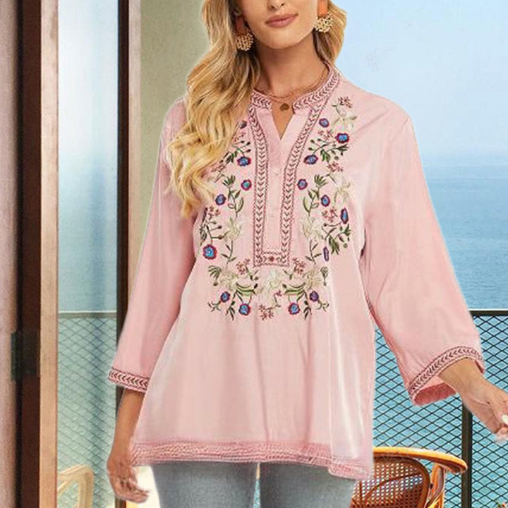 T-shirt femme en coton à manches longues et col en V avec broderie florale et Buddha Stones
