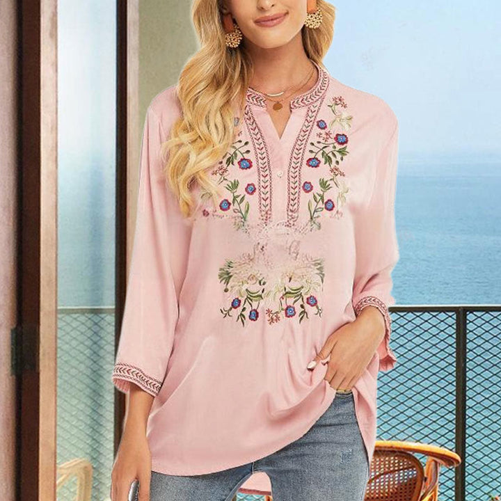 T-shirt femme en coton à manches longues et col en V avec broderie florale et Buddha Stones