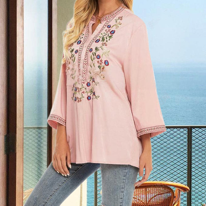 T-shirt femme en coton à manches longues et col en V avec broderie florale et Buddha Stones