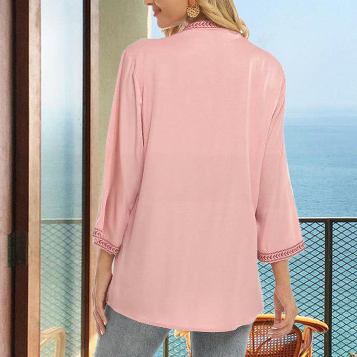 T-shirt femme en coton à manches longues et col en V avec broderie florale et Buddha Stones
