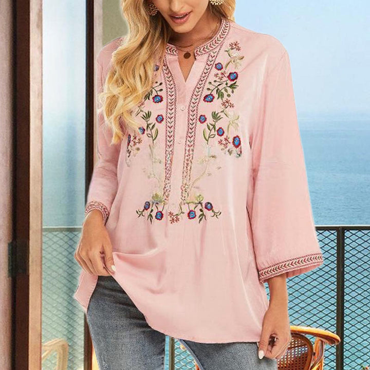 T-shirt femme en coton à manches longues et col en V avec broderie florale et Buddha Stones