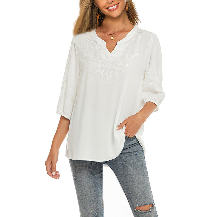 T-shirt décontracté en coton à manches trois-quarts et col en V pour femme, couleur unie, avec broderie florale et Buddha Stones