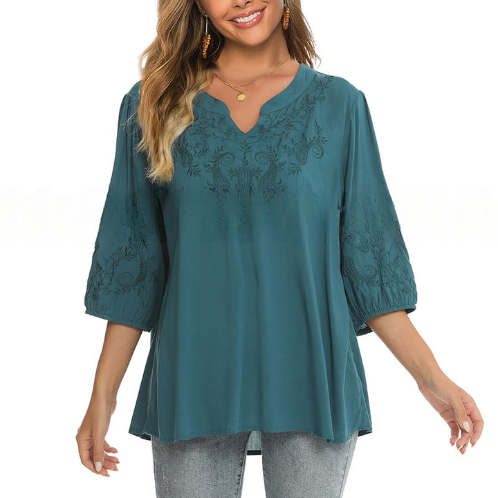 T-shirt décontracté en coton à manches trois-quarts et col en V pour femme, couleur unie, avec broderie florale et Buddha Stones