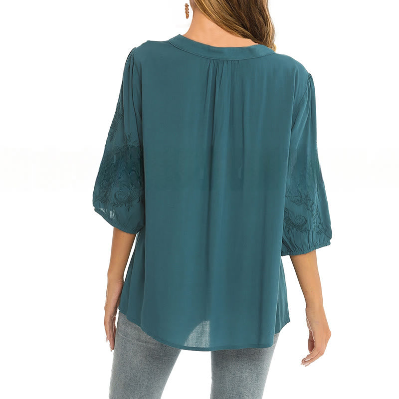 T-shirt décontracté en coton à manches trois-quarts et col en V pour femme, couleur unie, avec broderie florale et Buddha Stones