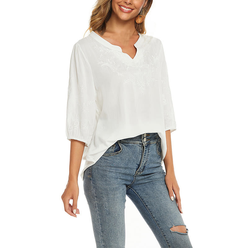 T-shirt décontracté en coton à manches trois-quarts et col en V pour femme, couleur unie, avec broderie florale et Buddha Stones - image 2