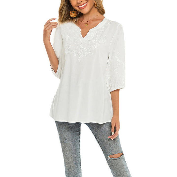 T-shirt décontracté en coton à manches trois-quarts et col en V pour femme, couleur unie, avec broderie florale et Buddha Stones