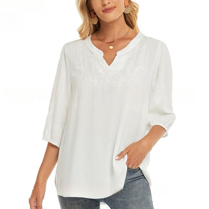 T-shirt décontracté en coton à manches trois-quarts et col en V pour femme, couleur unie, avec broderie florale et Buddha Stones