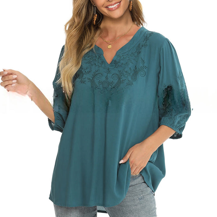T-shirt décontracté en coton à manches trois-quarts et col en V pour femme, couleur unie, avec broderie florale et Buddha Stones
