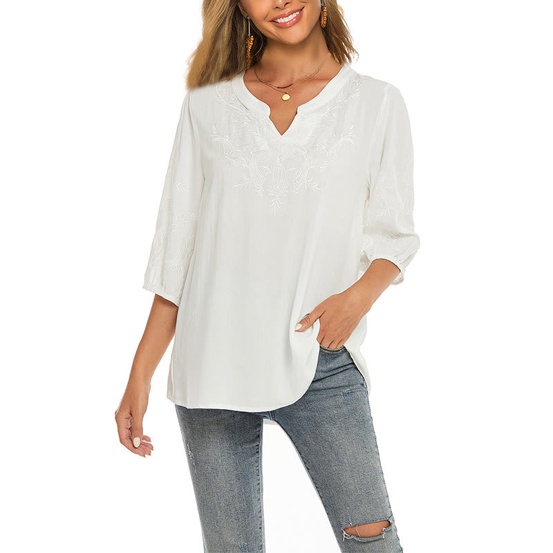 T-shirt décontracté en coton à manches trois-quarts et col en V pour femme, couleur unie, avec broderie florale et Buddha Stones - FloralWhite - US12，UK/AU16，EU44 (3XL) - image 0