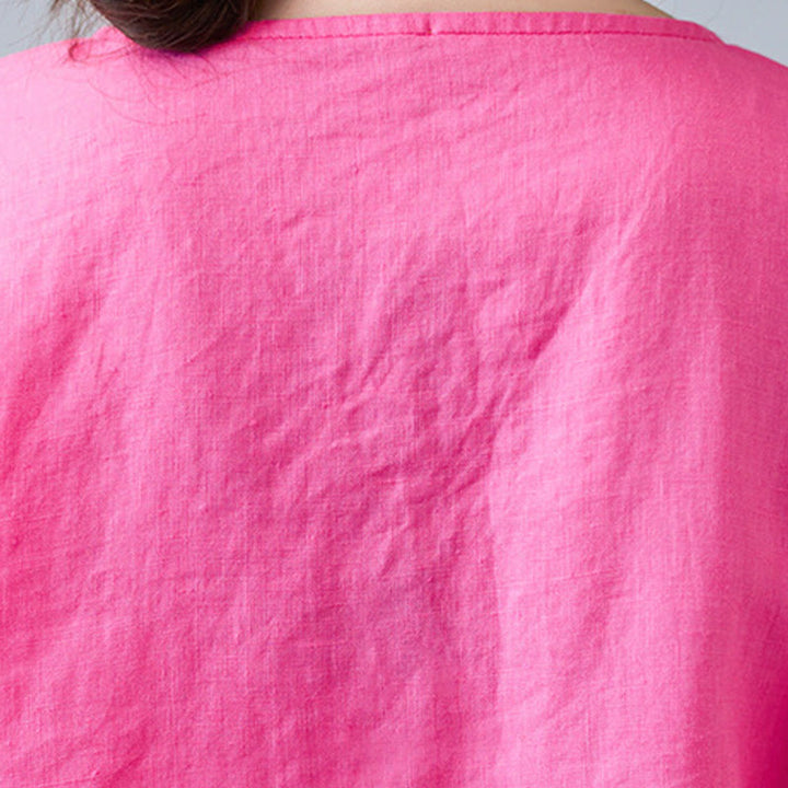 T-shirt d'été décontracté en coton et lin pour femme, motif Buddha Stones brodé de fleurs, à lacets, manches courtes, col en V - image 28