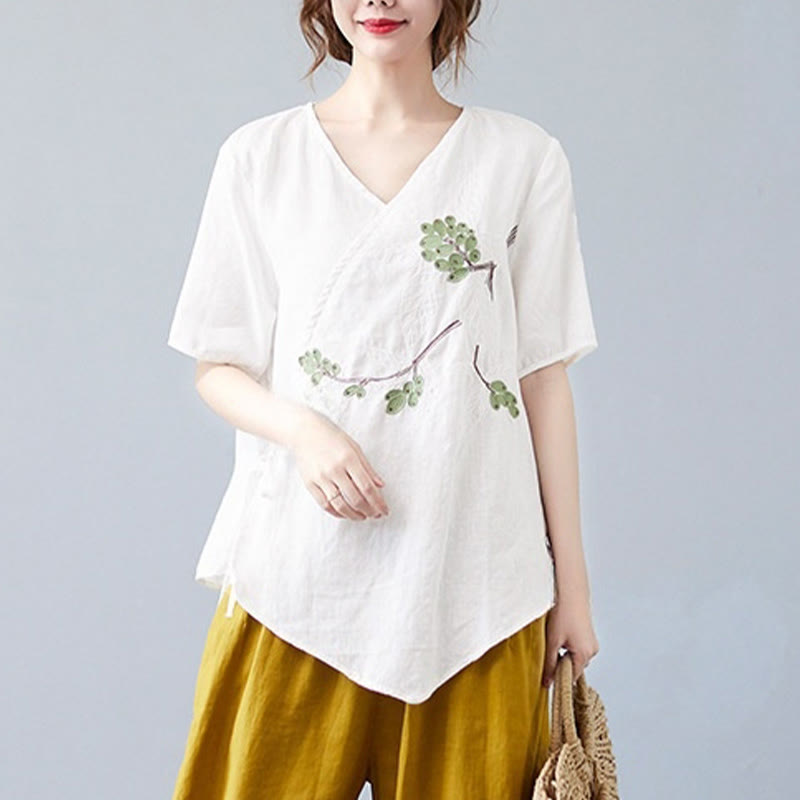 T-shirt d'été décontracté en coton et lin pour femme, motif Buddha Stones brodé de fleurs, à lacets, manches courtes, col en V - image 12