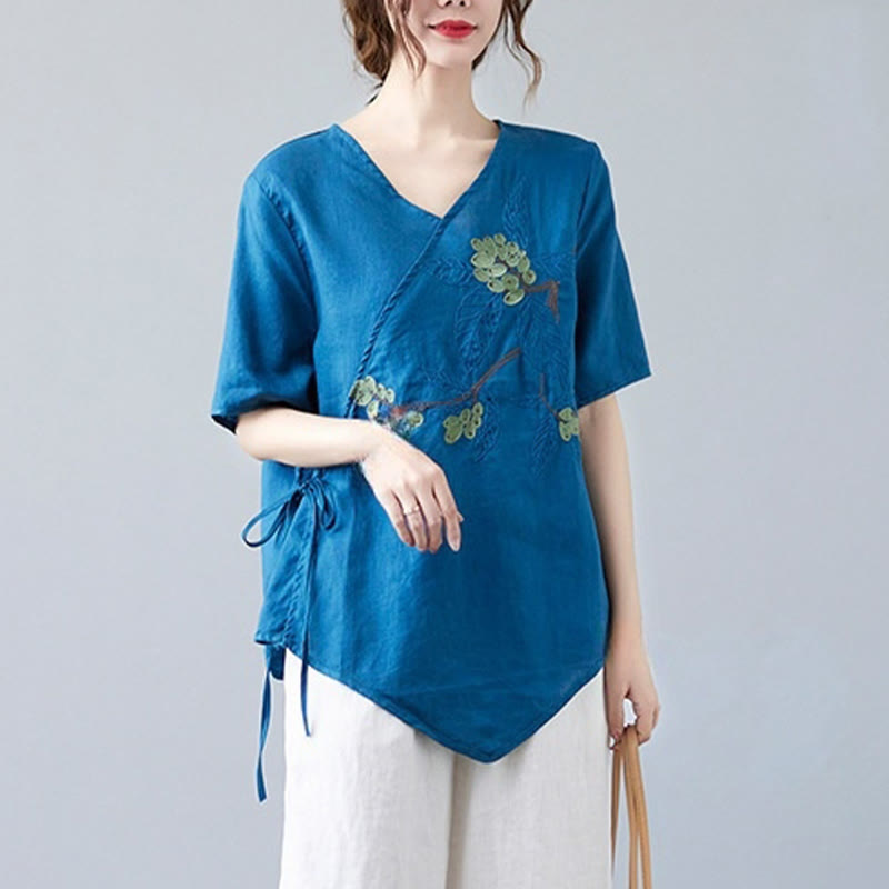 T-shirt d'été décontracté en coton et lin pour femme, motif Buddha Stones brodé de fleurs, à lacets, manches courtes, col en V - image 1