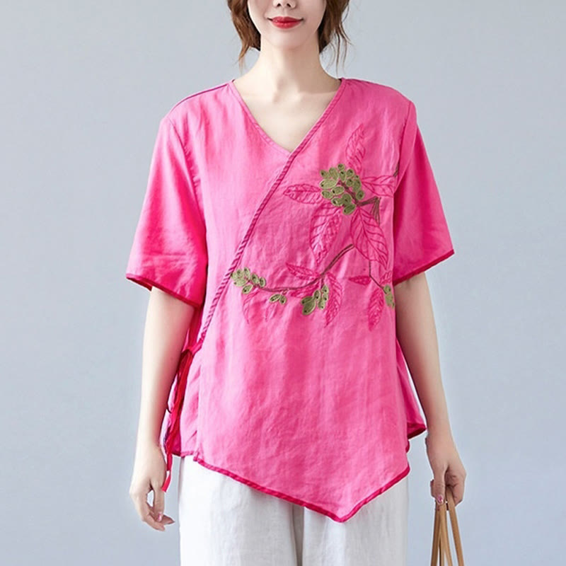 T-shirt d'été décontracté en coton et lin pour femme, motif Buddha Stones brodé de fleurs, à lacets, manches courtes, col en V - image 20