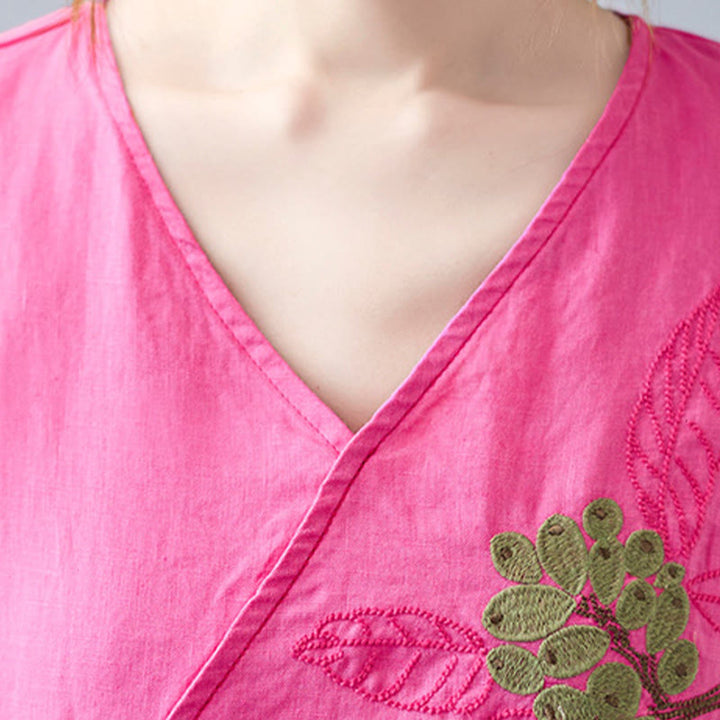 T-shirt d'été décontracté en coton et lin pour femme, motif Buddha Stones brodé de fleurs, à lacets, manches courtes, col en V - image 25