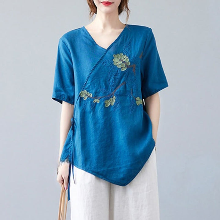 T-shirt d'été décontracté en coton et lin pour femme, motif Buddha Stones brodé de fleurs, à lacets, manches courtes, col en V - image 2