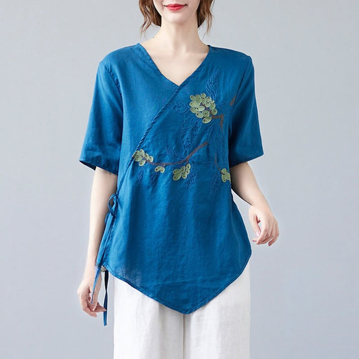T-shirt d'été décontracté en coton et lin pour femme, motif Buddha Stones brodé de fleurs, à lacets, manches courtes, col en V - image 4