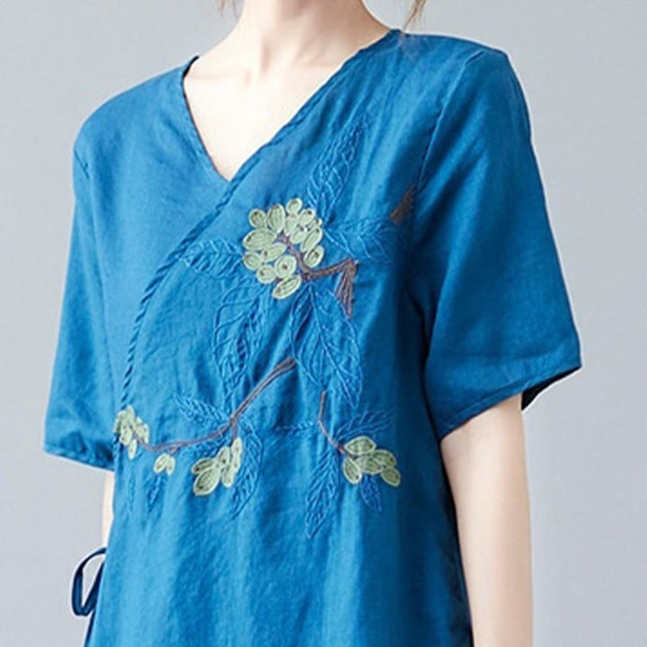 T-shirt d'été décontracté en coton et lin pour femme, motif Buddha Stones brodé de fleurs, à lacets, manches courtes, col en V - image 8