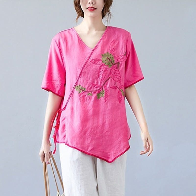 T-shirt d'été décontracté en coton et lin pour femme, motif Buddha Stones brodé de fleurs, à lacets, manches courtes, col en V - image 18