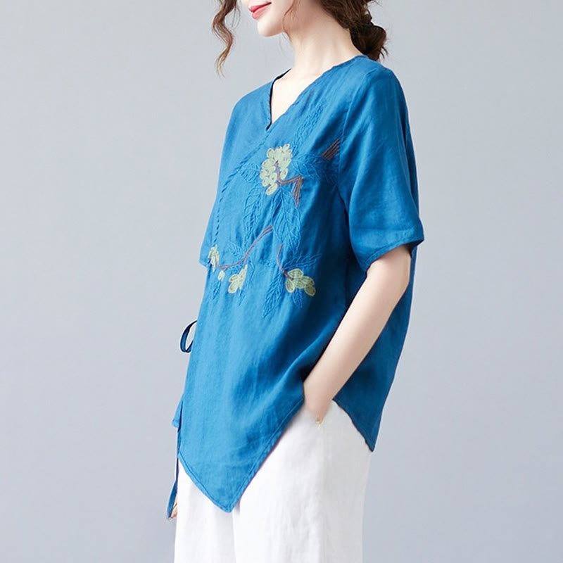 T-shirt d'été décontracté en coton et lin pour femme, motif Buddha Stones brodé de fleurs, à lacets, manches courtes, col en V - image 3