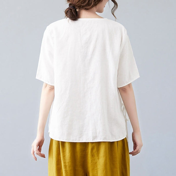 T-shirt d'été décontracté en coton et lin pour femme, motif Buddha Stones brodé de fleurs, à lacets, manches courtes, col en V - image 14