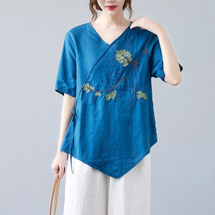 T-shirt d'été décontracté en coton et lin pour femme, motif Buddha Stones brodé de fleurs, à lacets, manches courtes, col en V - image 5
