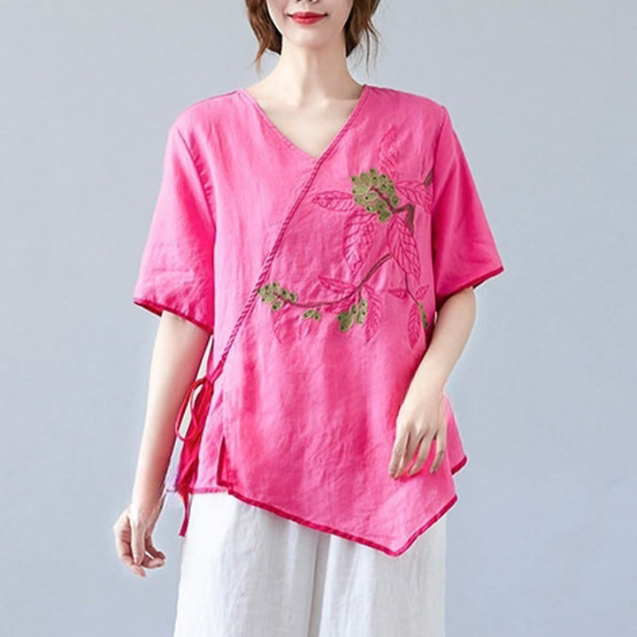 T-shirt d'été décontracté en coton et lin pour femme, motif Buddha Stones brodé de fleurs, à lacets, manches courtes, col en V - image 21