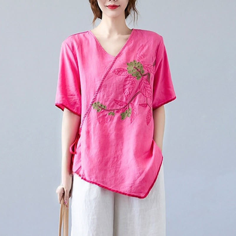 T-shirt d'été décontracté en coton et lin pour femme, motif Buddha Stones brodé de fleurs, à lacets, manches courtes, col en V - image 19