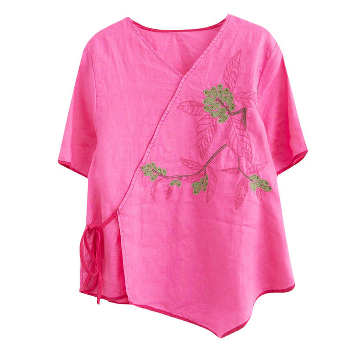 T-shirt d'été décontracté en coton et lin pour femme, motif Buddha Stones brodé de fleurs, à lacets, manches courtes, col en V - image 31