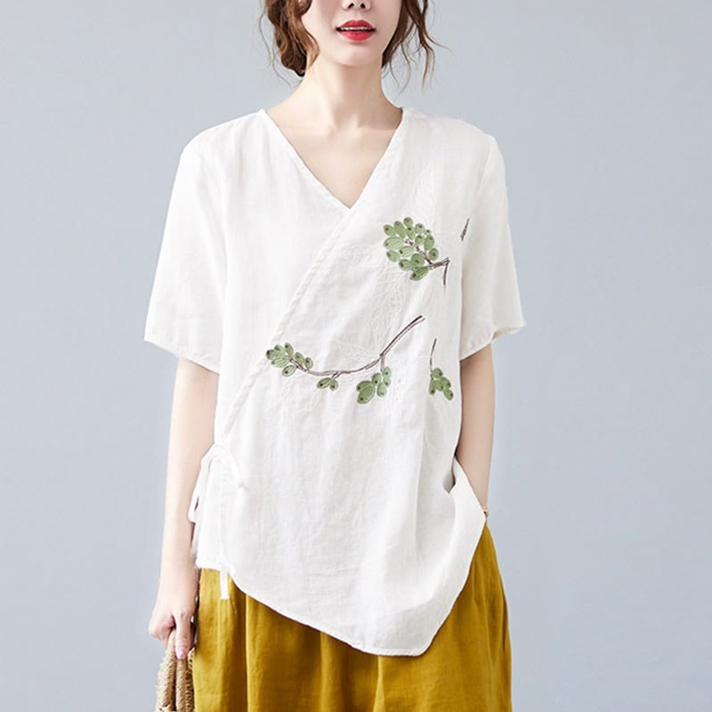 T-shirt d'été décontracté en coton et lin pour femme, motif Buddha Stones brodé de fleurs, à lacets, manches courtes, col en V - image 13
