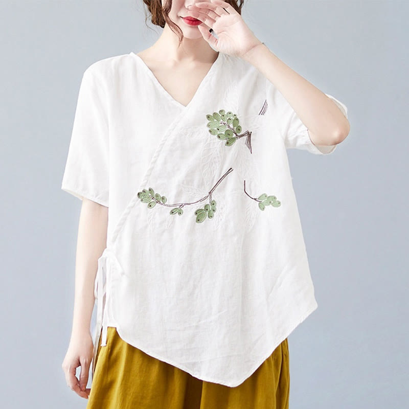 T-shirt d'été décontracté en coton et lin pour femme, motif Buddha Stones brodé de fleurs, à lacets, manches courtes, col en V - Blanc - US8-10，UK/AU12-14，EU40-42 (2XL) - image 10