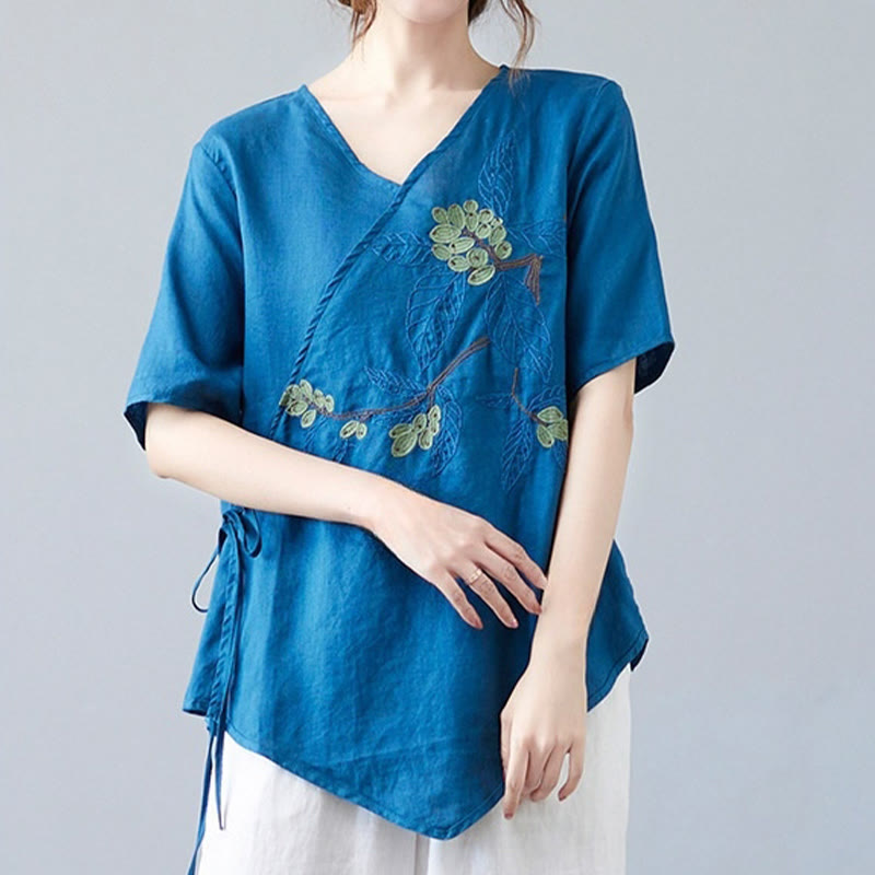 T-shirt d'été décontracté en coton et lin pour femme, motif Buddha Stones brodé de fleurs, à lacets, manches courtes, col en V - image 7