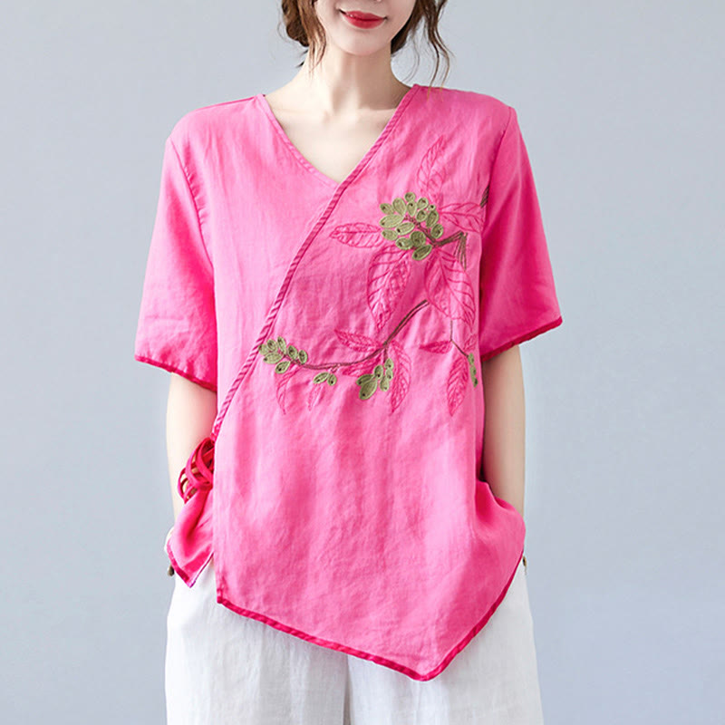 T-shirt d'été décontracté en coton et lin pour femme, motif Buddha Stones brodé de fleurs, à lacets, manches courtes, col en V - image 22