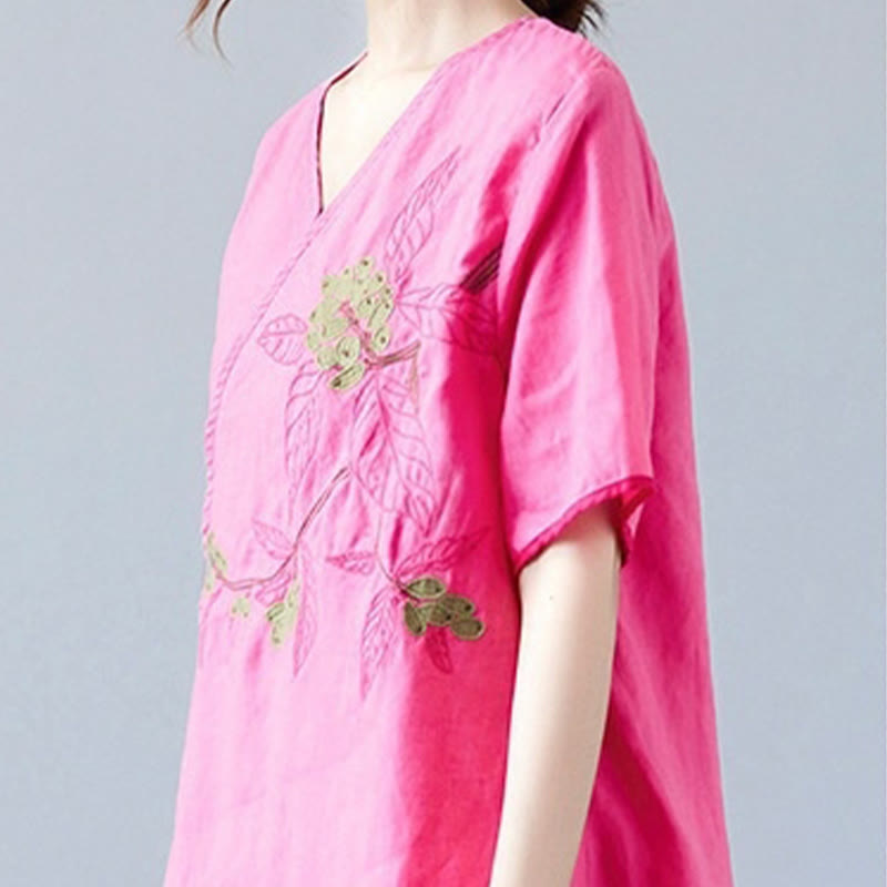 T-shirt d'été décontracté en coton et lin pour femme, motif Buddha Stones brodé de fleurs, à lacets, manches courtes, col en V - image 23