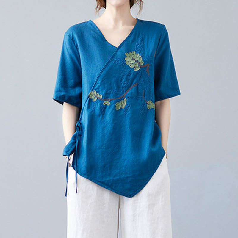 T-shirt d'été décontracté en coton et lin pour femme, motif Buddha Stones brodé de fleurs, à lacets, manches courtes, col en V - image 6
