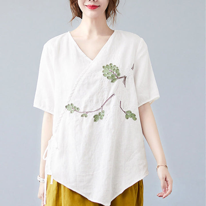 T-shirt d'été décontracté en coton et lin pour femme, motif Buddha Stones brodé de fleurs, à lacets, manches courtes, col en V - image 15