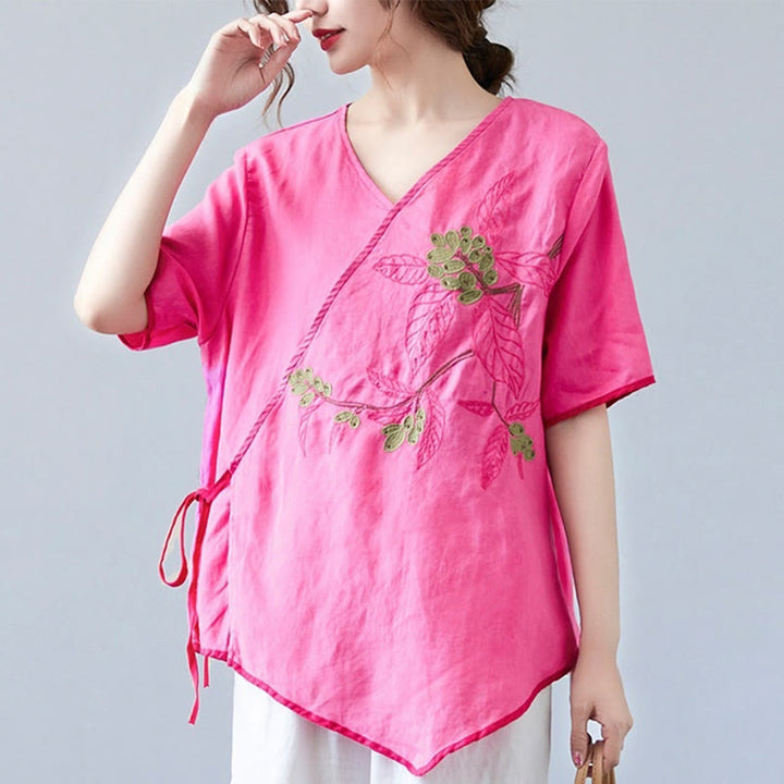 T-shirt d'été décontracté en coton et lin pour femme, motif Buddha Stones brodé de fleurs, à lacets, manches courtes, col en V - Rose profond - US8-10，UK/AU12-14，EU40-42 (2XL) - image 17