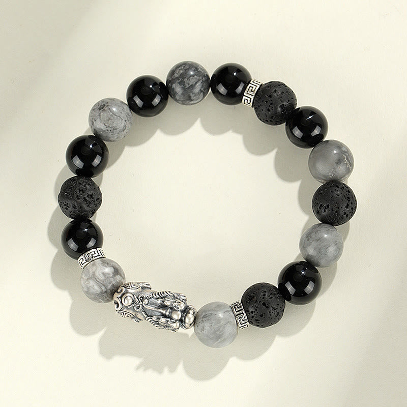 Bracelet de protection en argent Buddha Stones 999 PiXiu, onyx noir, jaspe gris et pierre de lave