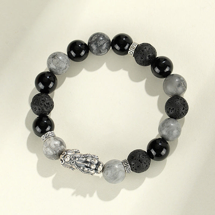Bracelet de protection en argent Buddha Stones 999 PiXiu, onyx noir, jaspe gris et pierre de lave