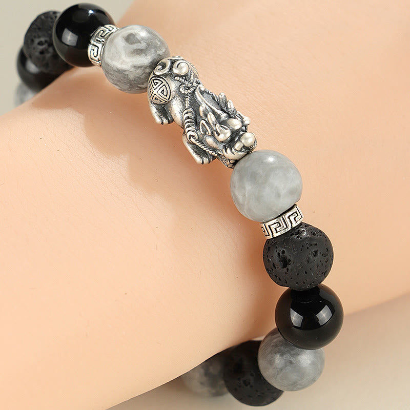 Bracelet de protection en argent Buddha Stones 999 PiXiu, onyx noir, jaspe gris et pierre de lave