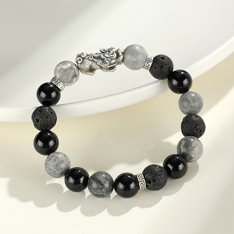 Bracelet de protection en argent Buddha Stones 999 PiXiu, onyx noir, jaspe gris et pierre de lave