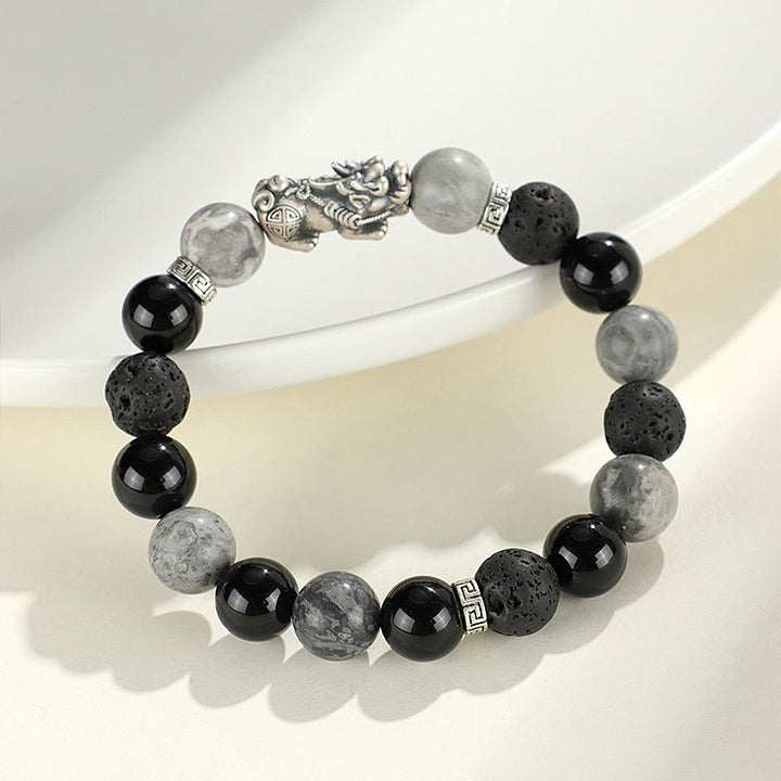 Bracelet de protection en argent Buddha Stones 999 PiXiu, onyx noir, jaspe gris et pierre de lave