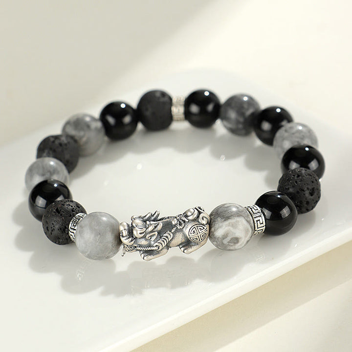 Bracelet de protection en argent Buddha Stones 999 PiXiu, onyx noir, jaspe gris et pierre de lave