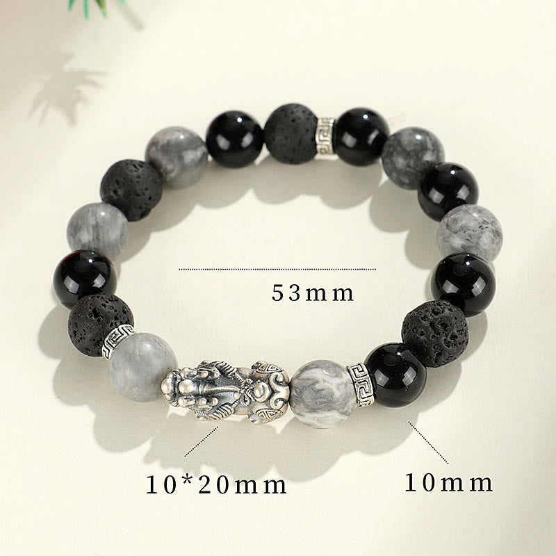 Bracelet de protection en argent Buddha Stones 999 PiXiu, onyx noir, jaspe gris et pierre de lave - image 10