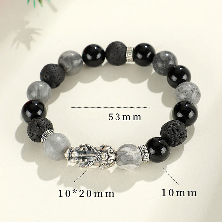 Bracelet de protection en argent Buddha Stones 999 PiXiu, onyx noir, jaspe gris et pierre de lave - image 10