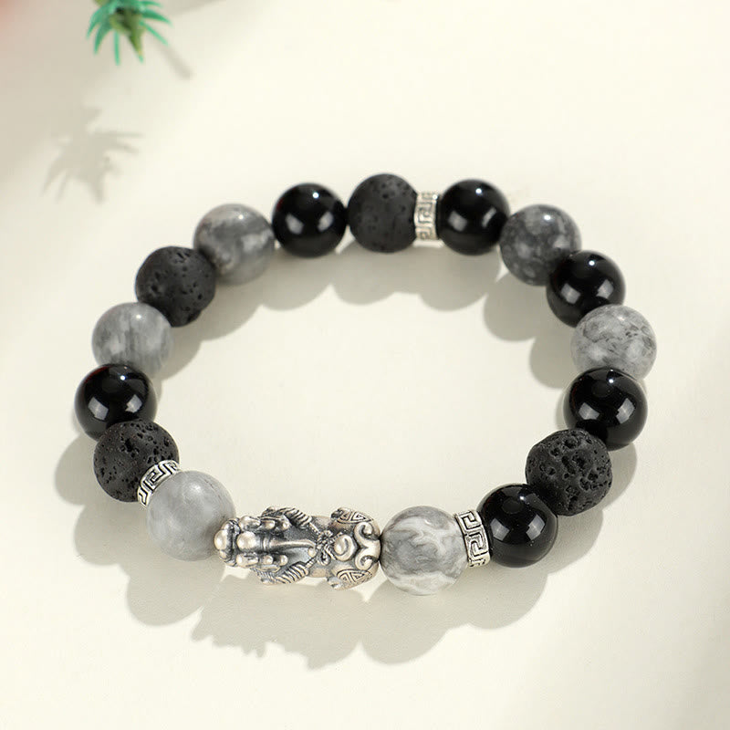 Bracelet de protection en argent Buddha Stones 999 PiXiu, onyx noir, jaspe gris et pierre de lave