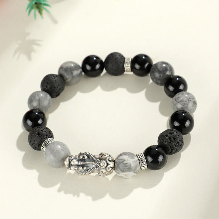 Bracelet de protection en argent Buddha Stones 999 PiXiu, onyx noir, jaspe gris et pierre de lave